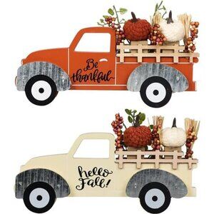 Fall Decorations for Home Large Size 2 Pack‎ Wood Truck with Pumpkin Fall Decor